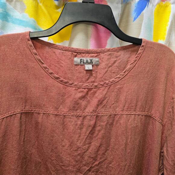 Flax 100% linen rust burnt orange shift mini dress tunic pockets 3/4 sleeve L - Picture 3 of 10